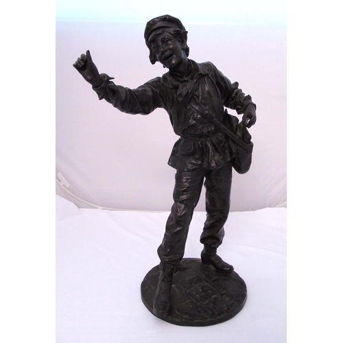 217 - Gaudez spelter figurine of a postman on a circular base, signed and dated to base 1886, 70cm (h)