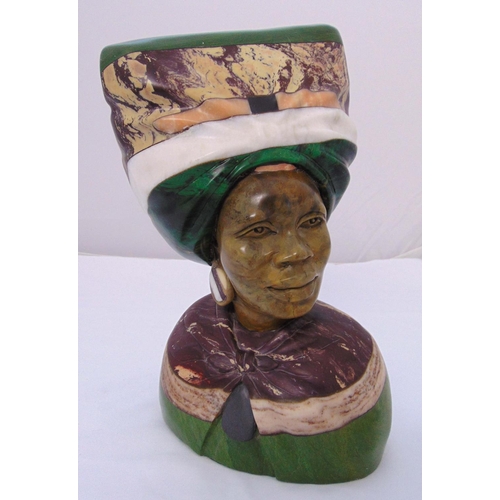 222 - A large South African bust of a lady made of verdite stone and other coloured stones, 38 x 22 x 14cm