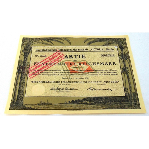 263 - A 1922 five hundred Reichsmark share certificate for the Westafrikanische Pflanzungs-Geseellschaft, ... 