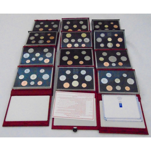 272 - Twelve Royal Mint proof year sets in original leather bound folders all with COAs to include two 198... 