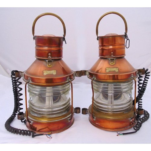 41 - A pair of copper and brass anchor lights of customary form, converted to electric, 57cm (h)