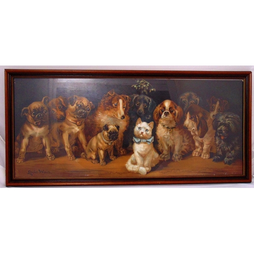 54 - Louis Wain framed and glazed polychromatic lithographic print of dogs and a cat, 42 x 98.5cm