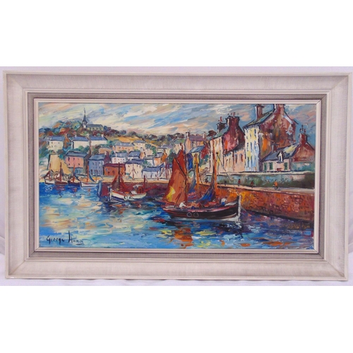 72 - George Hann framed oil on canvas of sailing boats in a harbour, signed bottom left, 40.5 x 76cm