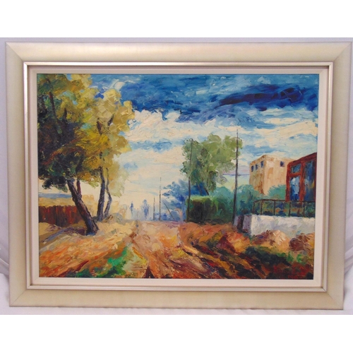 75 - Therese Dan framed oil on canvas of houses by a road, signed bottom right, gallery label to verso, 5... 