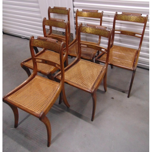 20 - A set of six Regency brass inlaid dining chairs with rattan seats and detachable upholstered cushion... 