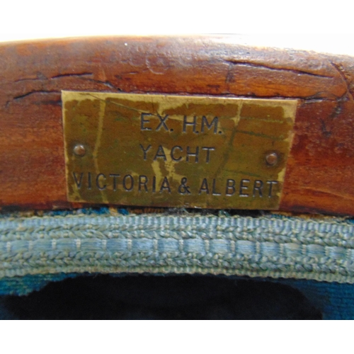 23 - A 19th century mahogany upholstered balloon back occasional chair with applied label EX HM YACHT VIC... 