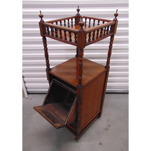9 - A mahogany shaped rectangular two tier whatnot with a metal lined hnged cupboard, 107.5 x 35.5 x 38.... 