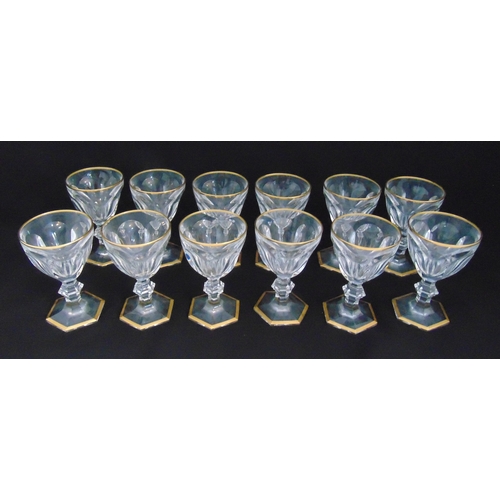 124 - Twelve Baccarat Harcourt 1841 medium size wine glasses with gold border to rim and base, stamped Bac... 