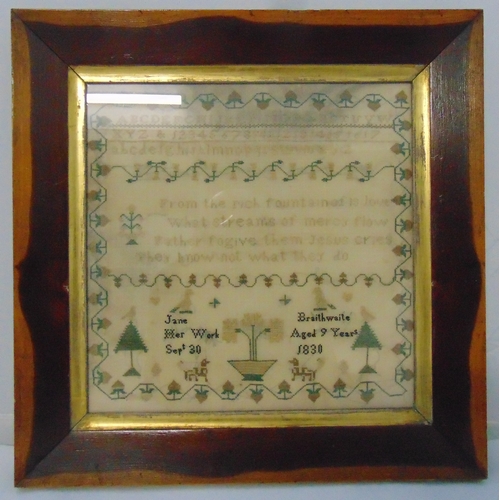 139 - A framed and glazed 19th century sampler by Jane Braithwaite aged 9 years 1830, image 29.5 x 29.5cm
