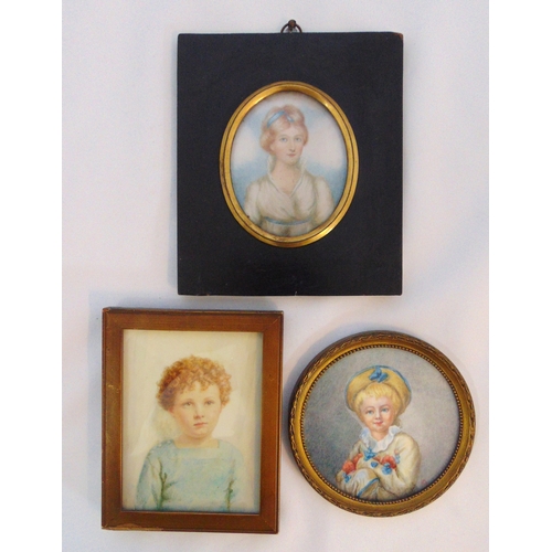 140 - Three framed 19th century portrait miniatures of two children and a female figure