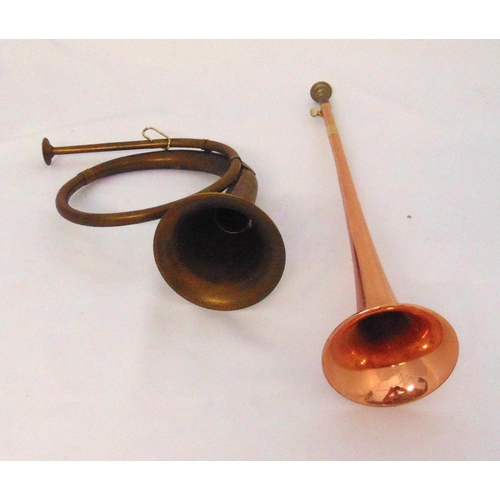 151 - A copper and brass post horn of customary form and a brass hunting horn