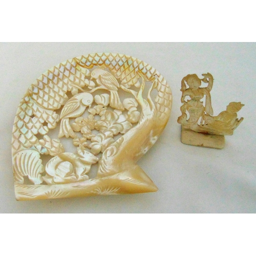 158 - A carved Mother of Pearl shell and a Chinese Mother of Pearl figurine of two ladies, tallest 18cm (h... 