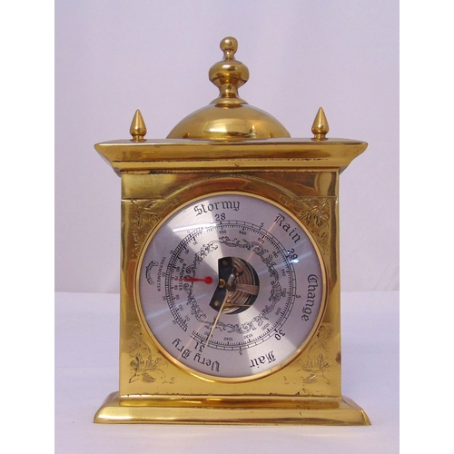 164 - A brass tabletop shaped rectangular barometer with domed top on raised rectangular base, 28cm (h)