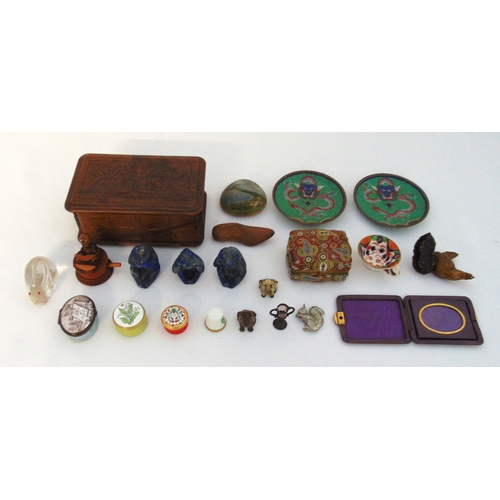 169 - A quantity of collectables to include Lapis Lazuli figurines, pin dishes, patch boxes and a treen bo... 