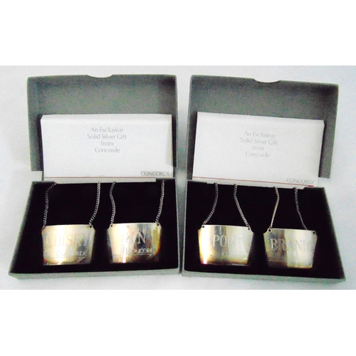 170 - Four hallmarked silver Concorde presentation bottle labels with suspensory chains in original packag... 