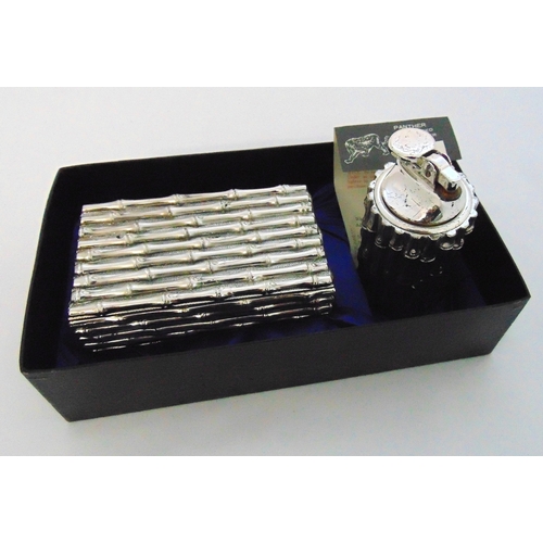 177 - Panther silver plated cigarette box and matching table lighter of simulated bamboo form in original ... 