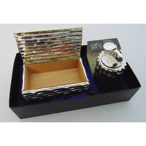 177 - Panther silver plated cigarette box and matching table lighter of simulated bamboo form in original ... 