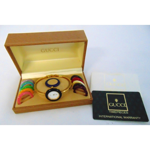 248 - Gucci Timepiece ladies wristwatch model no. 729101 with multi coloured interchangeable bezel to incl... 
