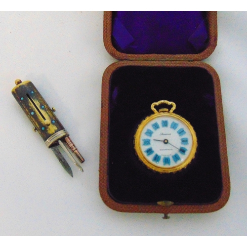 251 - A ladies open face pocket watch in fitted case and an early 20th century pocket necessaire with four... 