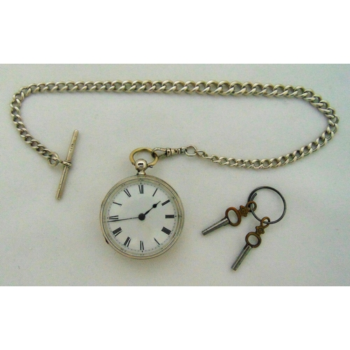 252 - A hallmarked silver open face pocket watch, white enamel dial, Roman numerals, to include key and ha... 