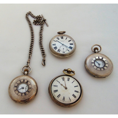 253 - Four hallmarked silver pocket watches to include two half hunters and a hallmarked silver Albert cha... 