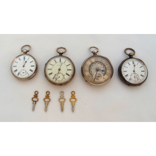 254 - Four hallmarked silver open face pocket watches by various makers, to include keys, A/F
