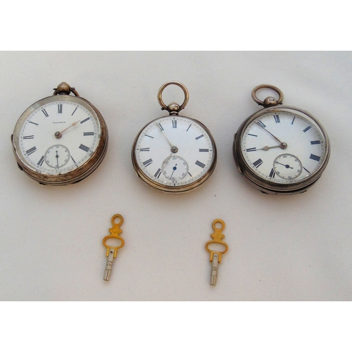 255 - Three hallmarked silver open face pocket watches to include Waltham, A/F