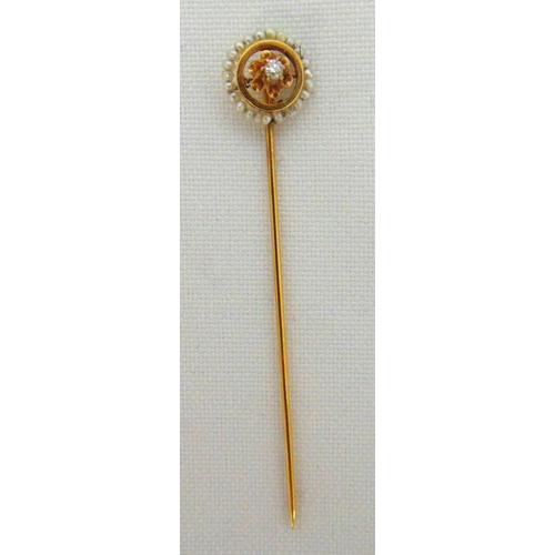265 - 14ct yellow gold, diamond and seed pearl tie pin in original fitted case