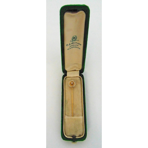 265 - 14ct yellow gold, diamond and seed pearl tie pin in original fitted case