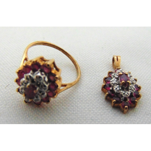 284 - 9ct yellow gold, ruby and diamond ring and matching pendant, approx total weight 3.5g
