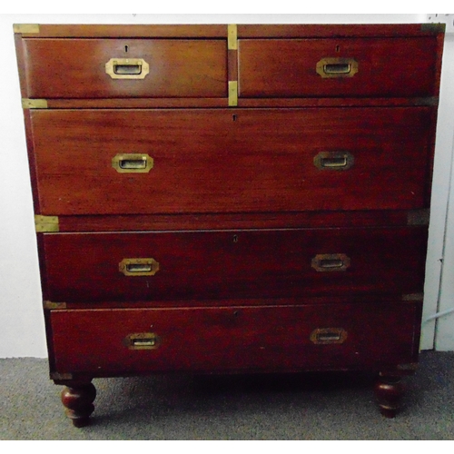 1 - A 19th century rectangular mahogany campaign chest with five drawers, brass handles and fittings, al... 