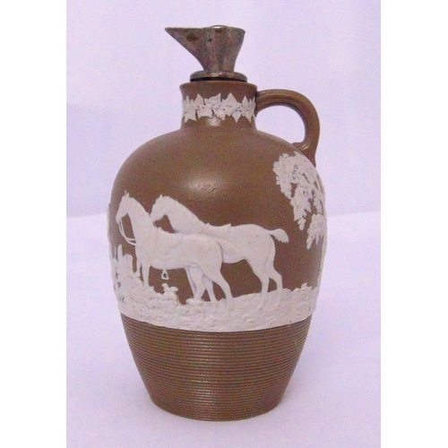 113 - Wedgwood Jasperware oil jug decorated with a hunting scenes, 17.5cm (h)
