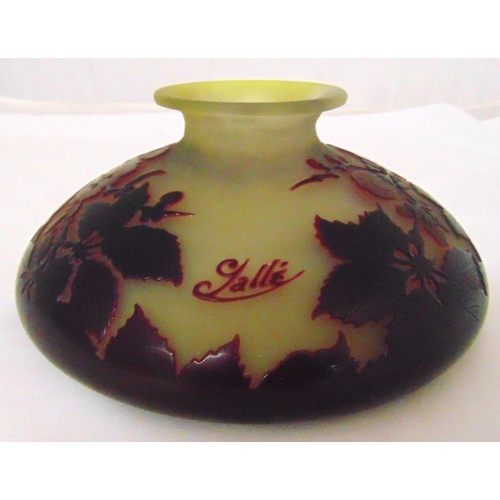 135 - Galle glass vase circa 1900 of compressed squat form decorated with flowers and leaves, signed to th... 