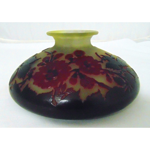 135 - Galle glass vase circa 1900 of compressed squat form decorated with flowers and leaves, signed to th... 