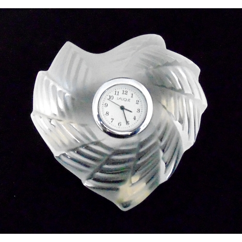140 - Lalique Saint Valentine Crystal heart shaped desk clock, signed to the base, 8 x 8cm