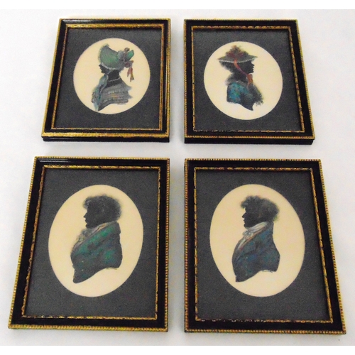 198 - Four framed and glazed polychromatic silhouettes of ladies and gentlemen in 19th century dress, 9.5 ... 