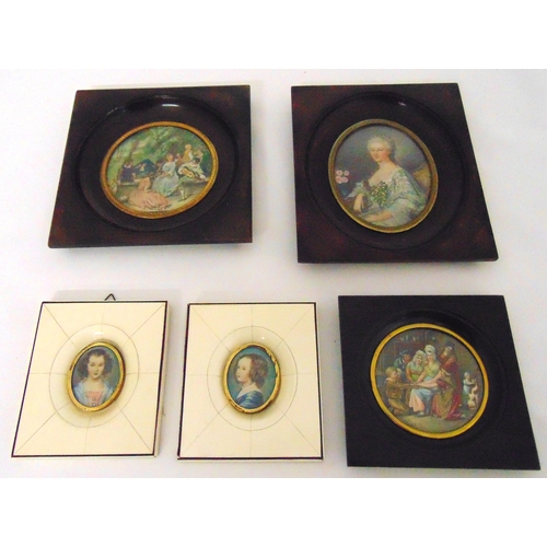 200 - Five framed miniatures of ladies and gentlemen, 11 x 8.5cm