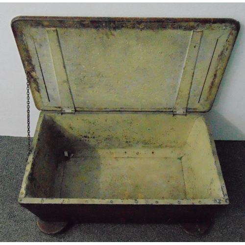 An antique oak campaign chest of rectangular form with side handles on ...