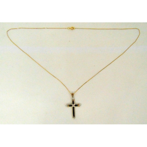 308 - 9ct yellow gold and coloured stone Crucifix pendant on a 9ct gold chain, approx total weight 1.1g