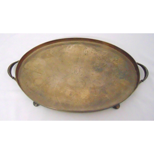379 - Walker and Hall hallmarked silver oval gallery tray with two handles on four bun feet, Sheffield 194... 