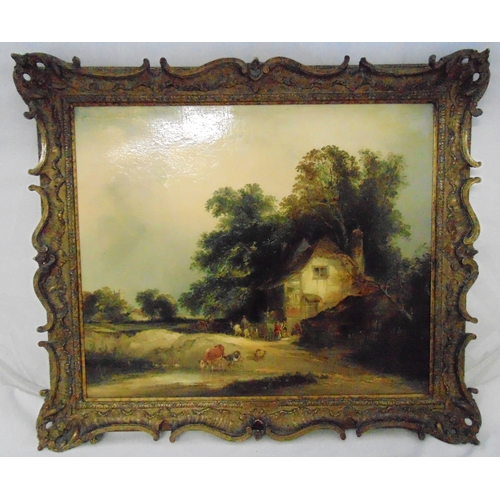 61 - George Williams framed oil on canvas of cottage, figures and cattle by a river, gallery label to ver... 