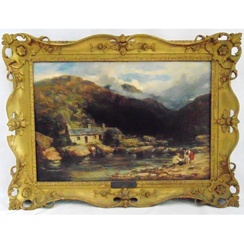 62 - Attributed to David I Cox 1783-1857 oil on canvas of a rural landscape with figures by a lake, label... 