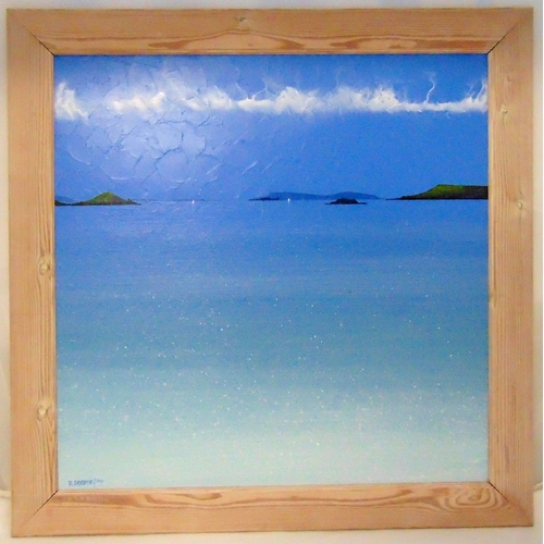 66 - Richard Pearce framed oil on panel titled Tresco Channel from Tresco Shore, signed bottom left, 61 x... 