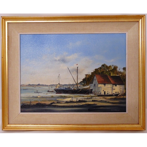 68 - G Dobbin framed oil on canvas of fishing boats Pin Mill Seafront, signed bottom right, 30.5 x 40.5cm