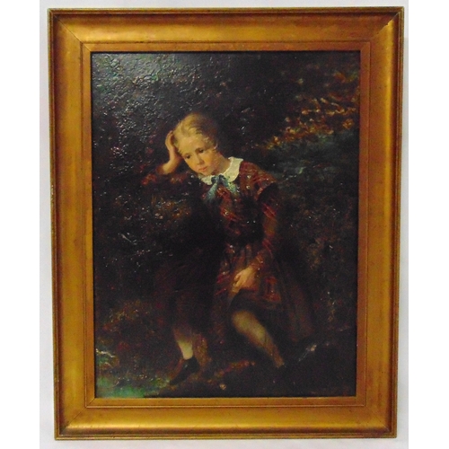 72 - A framed 19th century oil on canvas of a young girl in a tartan dress, 45.5 x 35.5cm