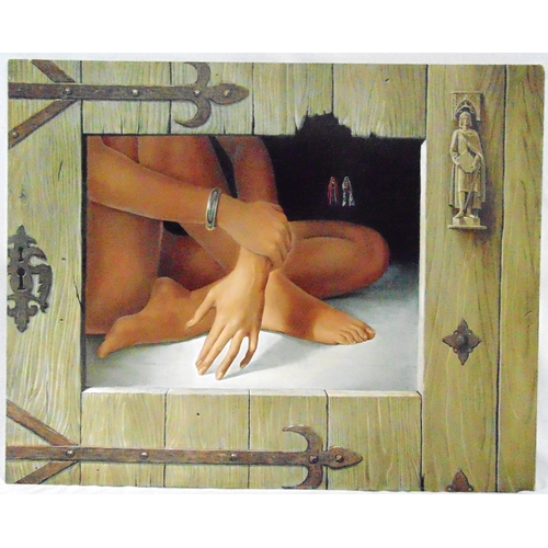 76 - Andre Deroo oil on panel of a seated female behind a wooden door, signed bottom left, certificate to... 