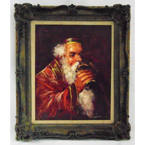 79 - Casper framed oil on canvas of a white-bearded man in red robes drinking from a goblet, signed botto... 