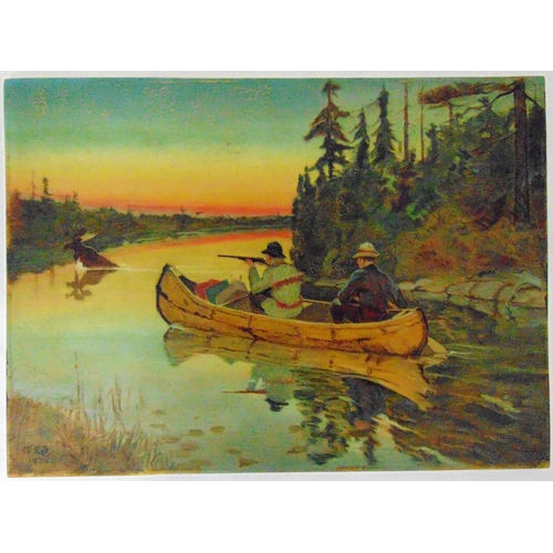81 - A vintage oil on panel of Moose Hunting, monogrammed TES 1934, label to verso, 24 x 32.5cm