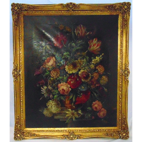 82 - A Hoffman framed oil on canvas still life of flowers in a copper vase, signed bottom right, 75 x 62c... 