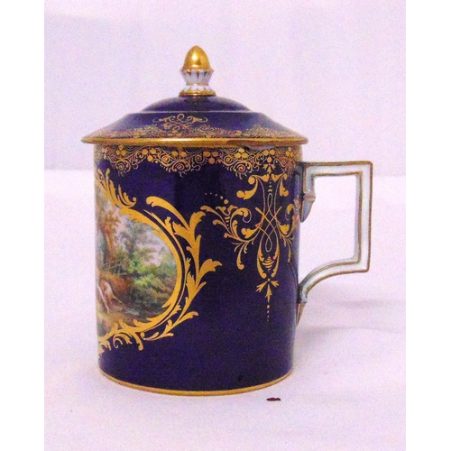 97 - A Meissen 19th century cylindrical hand painted chocolate cup and cover decorated with a courting co... 